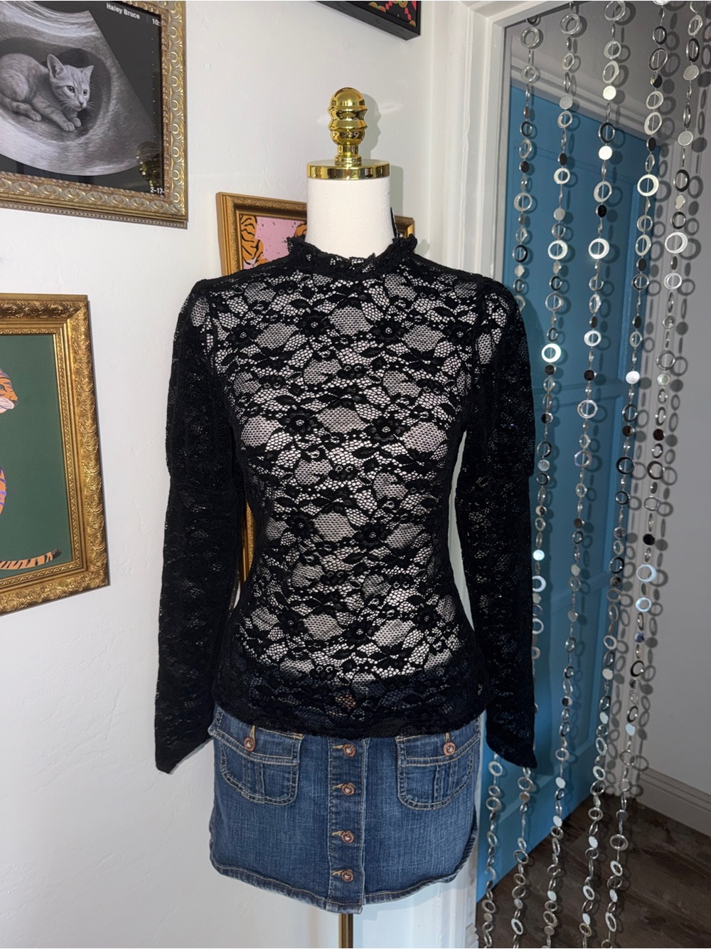 Vintage Y2K Black Lace Long-Sleeve Mock Neck Top